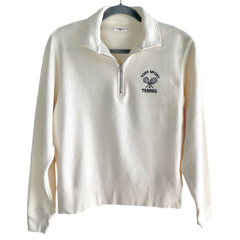 Tory Sport Heavy French‎ Terry Tennis Sweater Size XS Ivory Navy 1/2 Zip